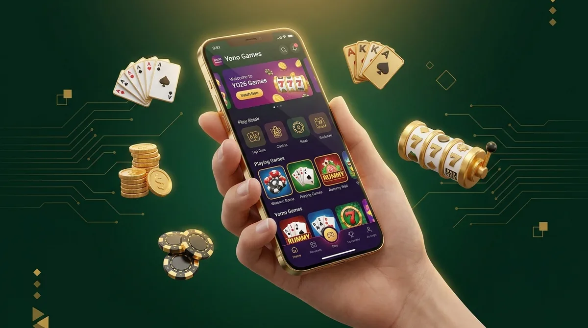 Yono Games 2026 review — a hand holding a phone showing the Yono Games home screen with rummy, cards, slots and coins floating around it.